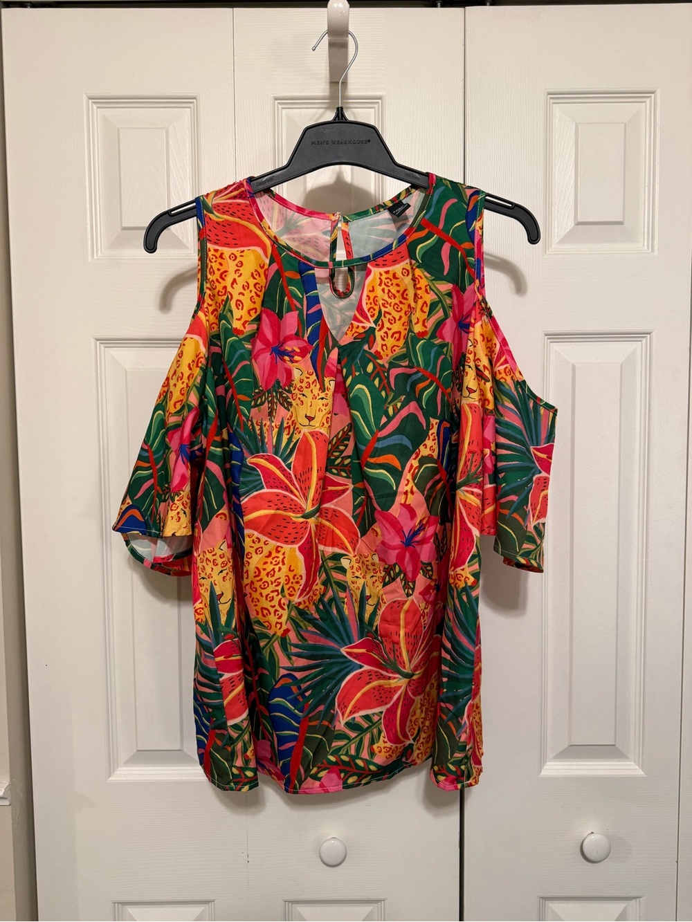 Tropical Cold-Shoulder Floral Blouse - Pink/Green